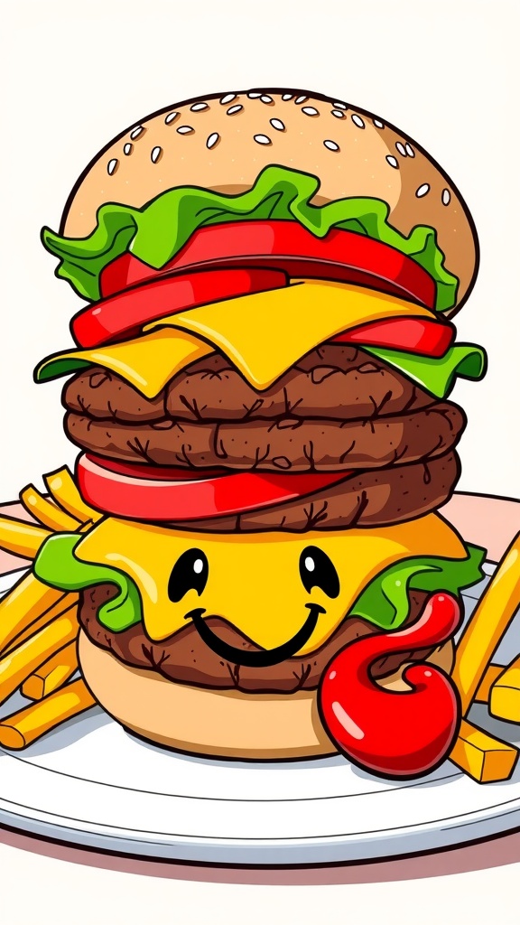 A cartoon-style burger with beef patty, cheese, lettuce, and tomato on a sesame seed bun, served with fries.